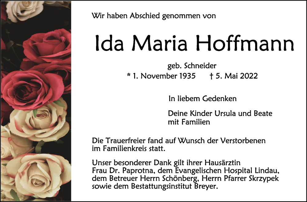  Traueranzeige für Ida Maria Hoffmann vom 12.05.2022 aus Schwäbische Zeitung