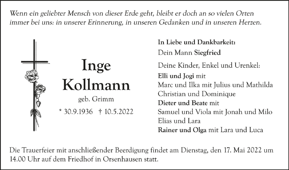  Traueranzeige für Inge Kollmann vom 13.05.2022 aus Schwäbische Zeitung