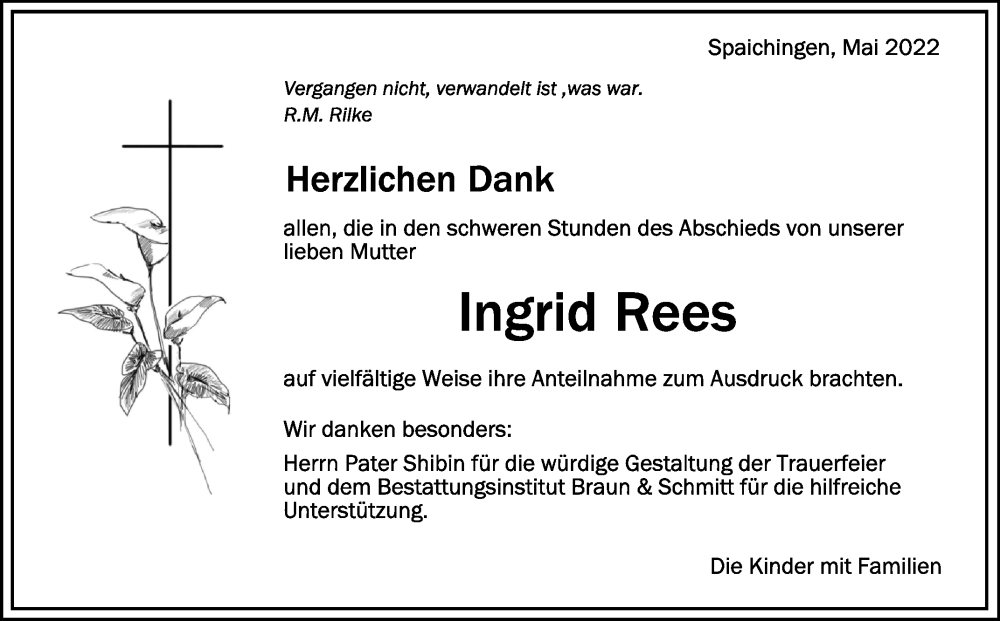  Traueranzeige für Ingrid Rees vom 11.05.2022 aus Schwäbische Zeitung