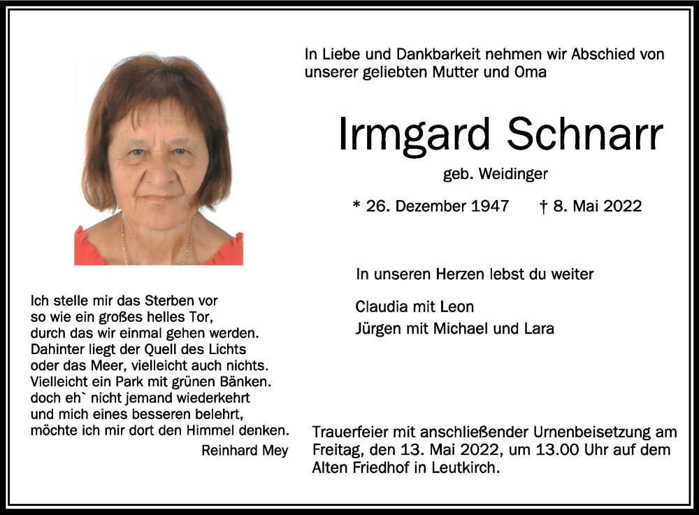  Traueranzeige für Irmgard Schnarr vom 11.05.2022 aus Schwäbische Zeitung