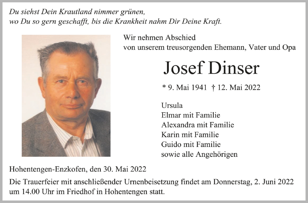  Traueranzeige für Josef Dinser vom 30.05.2022 aus Schwäbische Zeitung