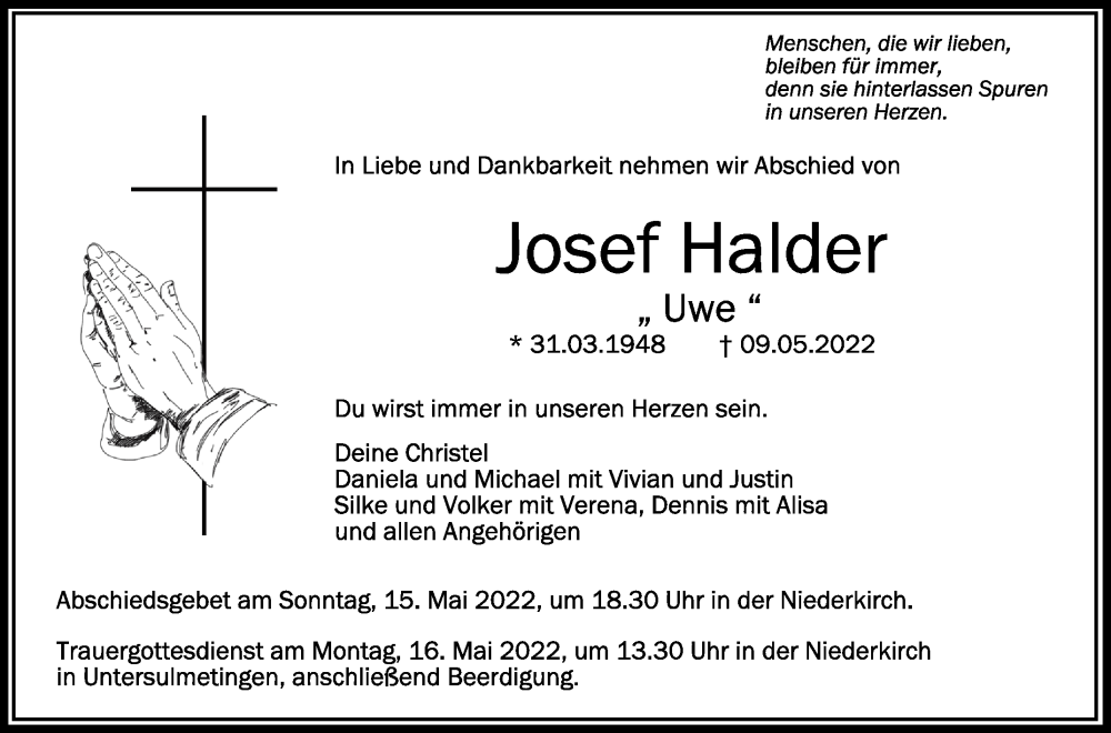  Traueranzeige für Josef Halder vom 13.05.2022 aus Schwäbische Zeitung