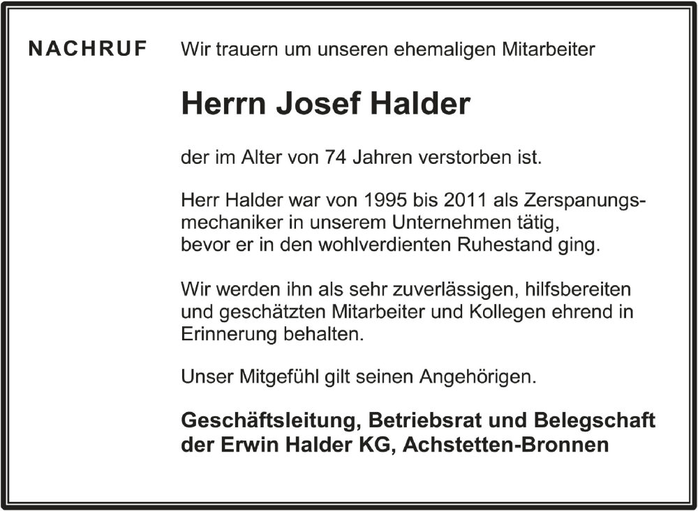  Traueranzeige für Josef Halder vom 14.05.2022 aus Schwäbische Zeitung