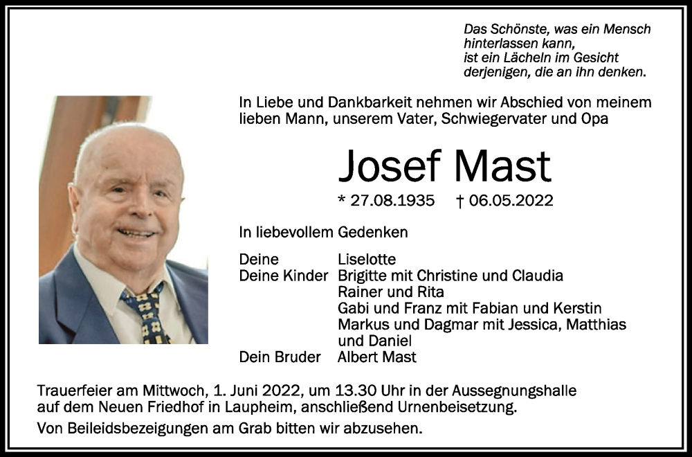  Traueranzeige für Josef Mast vom 28.05.2022 aus Schwäbische Zeitung