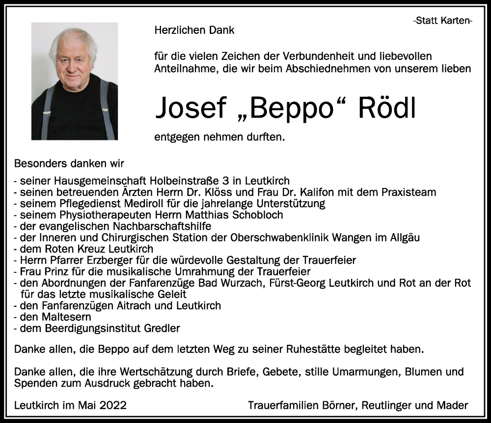  Traueranzeige für Josef Rödl vom 25.05.2022 aus Schwäbische Zeitung