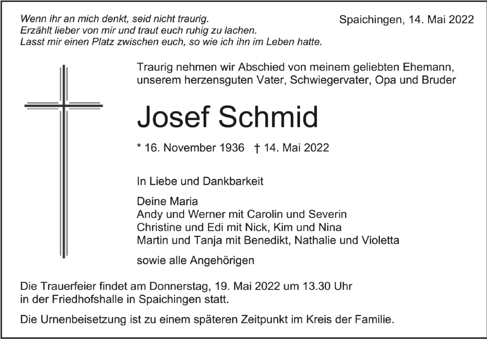  Traueranzeige für Josef Schmid vom 17.05.2022 aus Schwäbische Zeitung