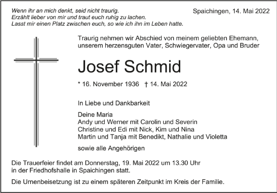 Anzeige von Josef Schmid von Schwäbische Zeitung