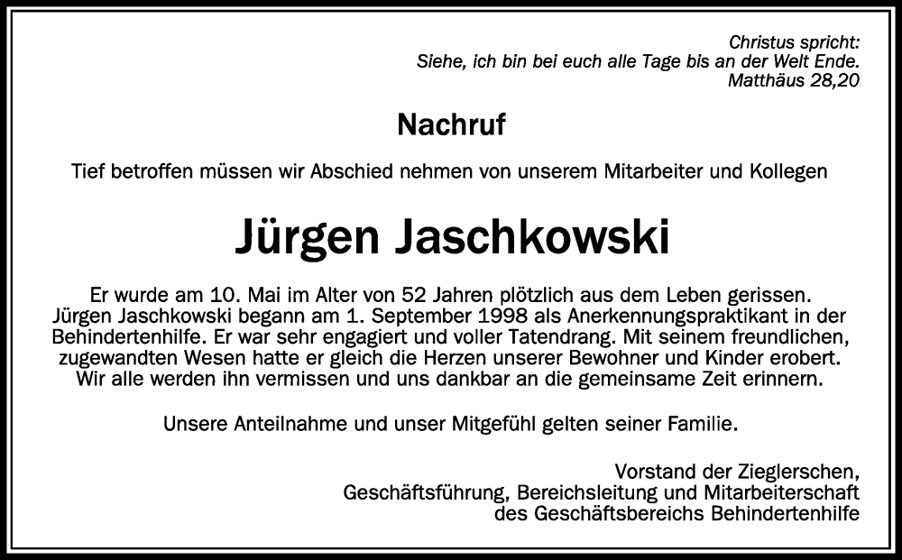  Traueranzeige für Jürgen Jaschkowski vom 14.05.2022 aus Schwäbische Zeitung