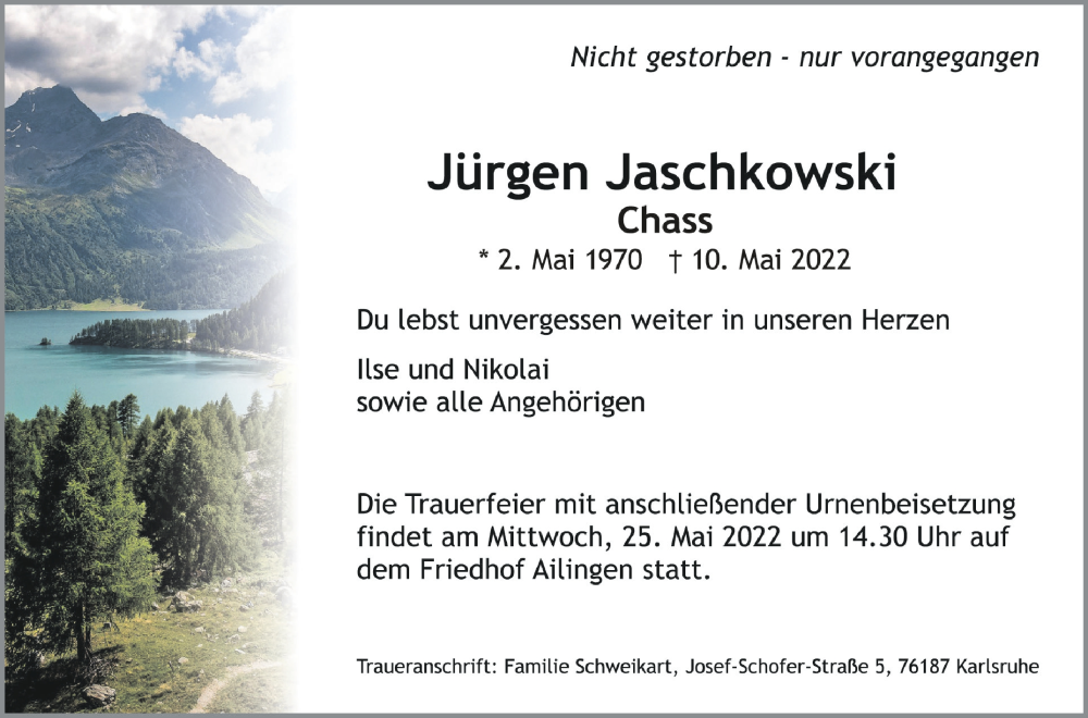  Traueranzeige für Jürgen Jaschkowski vom 14.05.2022 aus Schwäbische Zeitung