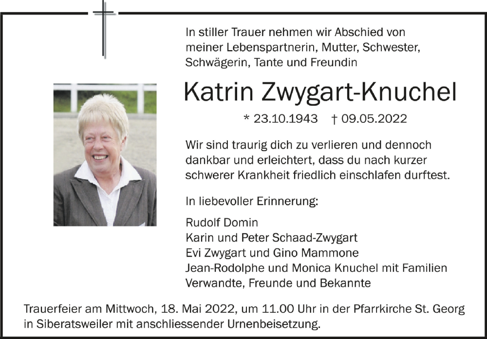  Traueranzeige für Katrin Zwygart-Knuchel vom 14.05.2022 aus Schwäbische Zeitung