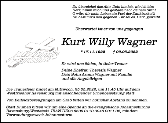 Anzeige von Kurt Willy Wagner von Schwäbische Zeitung