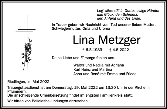 Anzeige von Lina Metzger von Schwäbische Zeitung