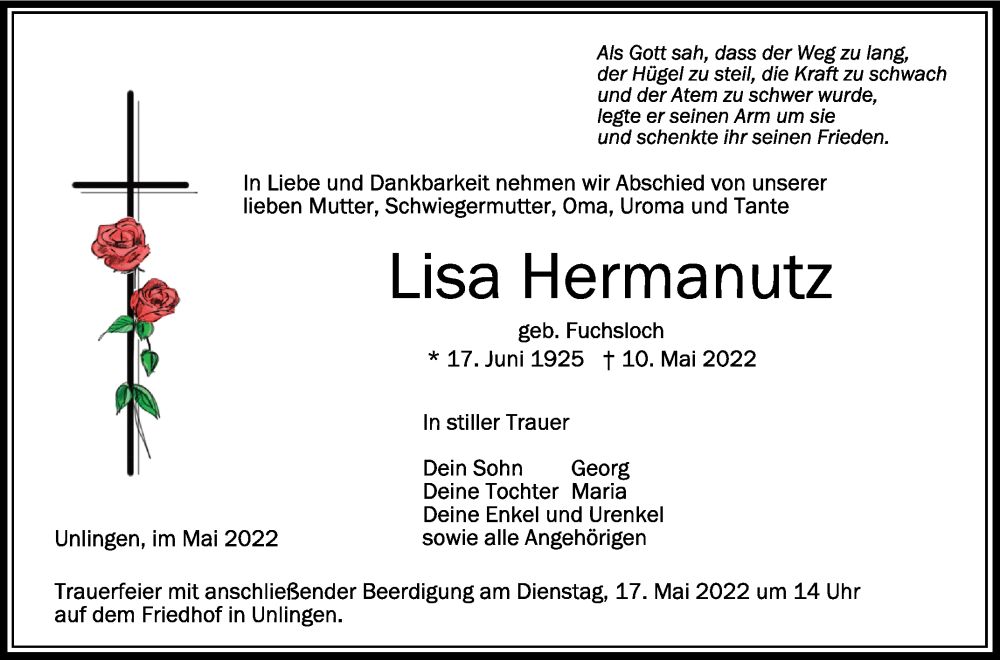  Traueranzeige für Lisa Hermanutz vom 14.05.2022 aus Schwäbische Zeitung