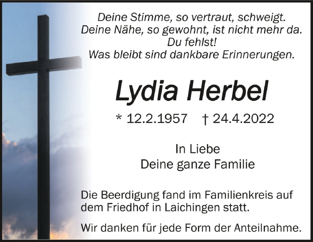 Traueranzeigen Von Lydia Herbel Schwaebische De Trauerportal