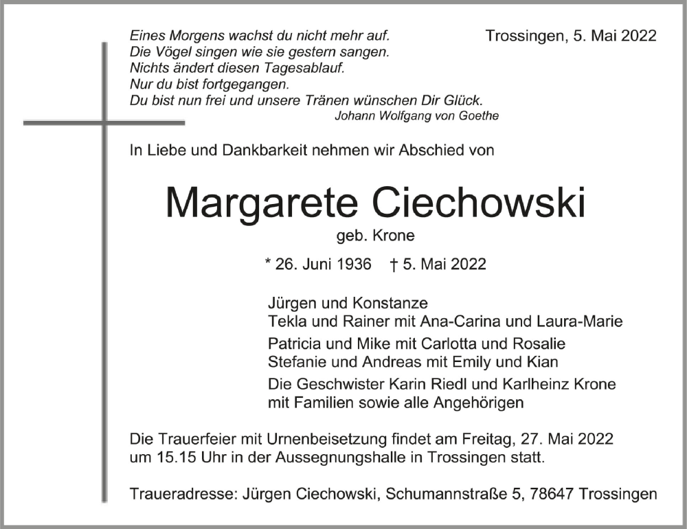  Traueranzeige für Margarete Ciechowski vom 21.05.2022 aus Schwäbische Zeitung
