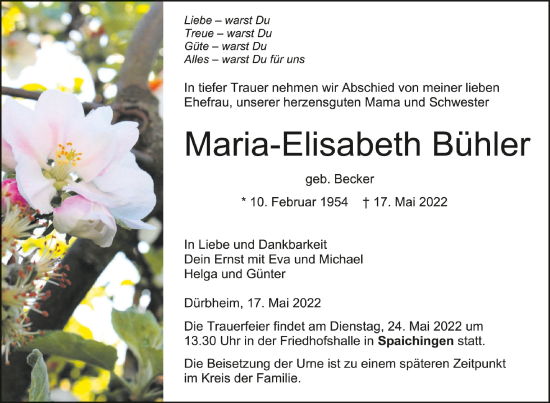 Anzeige von Maria-Elisabeth Bühler von Schwäbische Zeitung