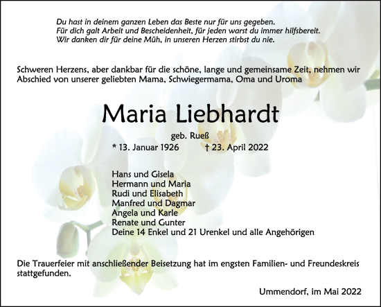 Anzeige von Maria Liebhardt von Schwäbische Zeitung