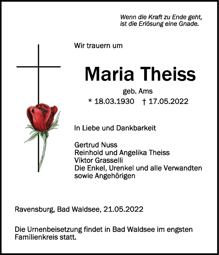  Traueranzeige für Maria Theiss vom 21.05.2022 aus Schwäbische Zeitung
