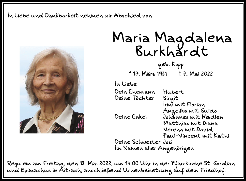  Traueranzeige für Maria Magdalena Burkhardt vom 11.05.2022 aus Schwäbische Zeitung