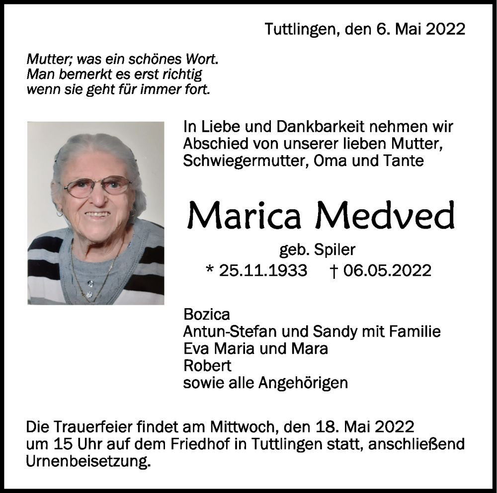  Traueranzeige für Marica Medved vom 14.05.2022 aus Schwäbische Zeitung
