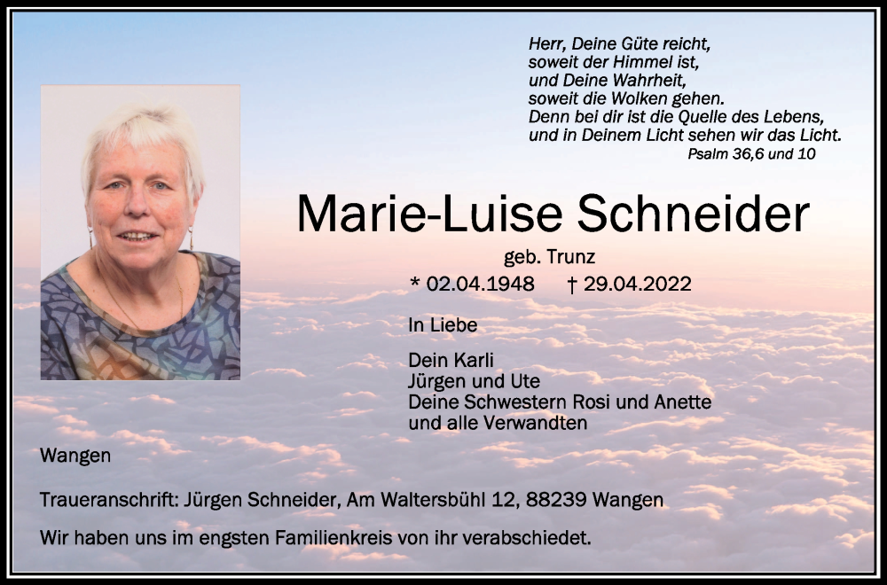  Traueranzeige für Marie-Luise Schneider vom 07.05.2022 aus Schwäbische Zeitung