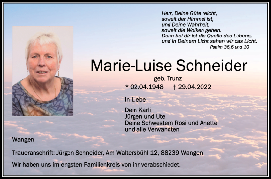 Anzeige von Marie-Luise Schneider von Schwäbische Zeitung