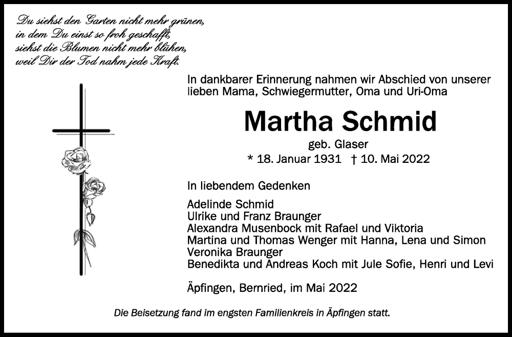  Traueranzeige für Martha Schmid vom 14.05.2022 aus Schwäbische Zeitung