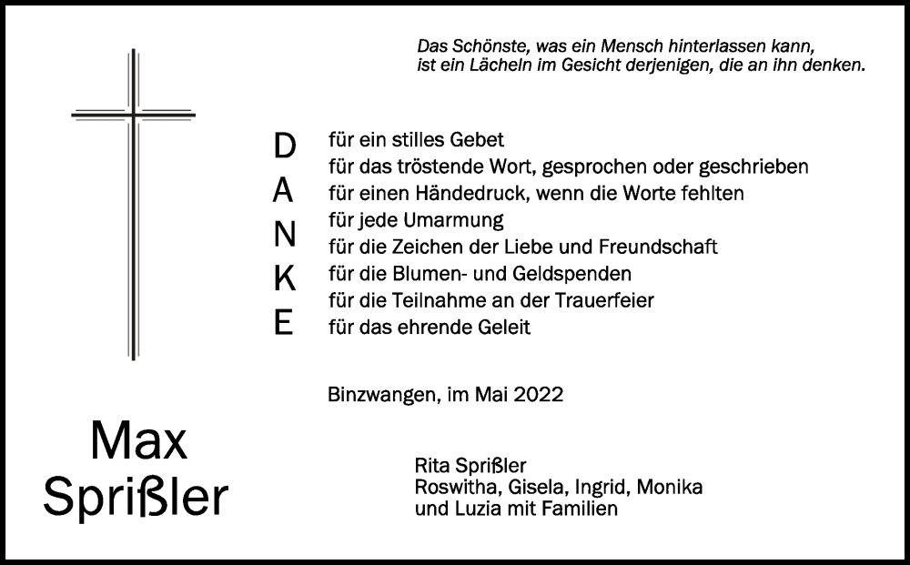  Traueranzeige für Max Sprißler vom 28.05.2022 aus Schwäbische Zeitung