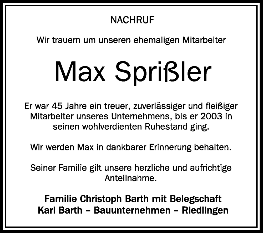  Traueranzeige für Max Sprißler vom 31.05.2022 aus Schwäbische Zeitung
