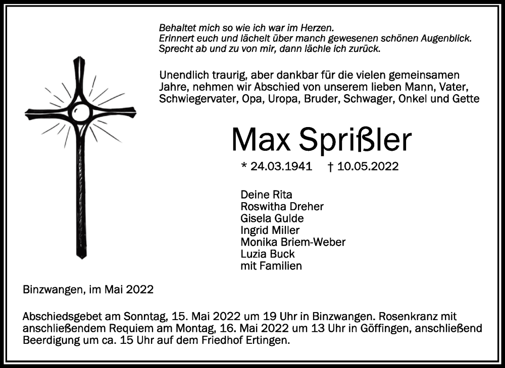  Traueranzeige für Max Sprißler vom 13.05.2022 aus Schwäbische Zeitung