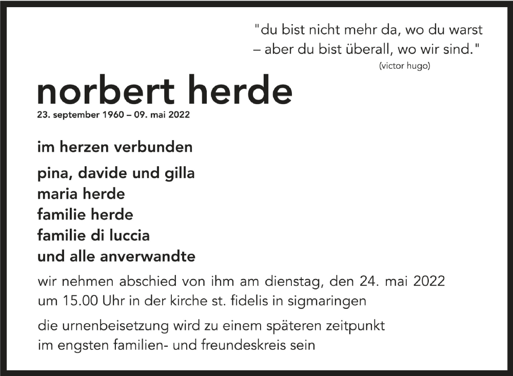  Traueranzeige für Norbert Herde vom 14.05.2022 aus Schwäbische Zeitung
