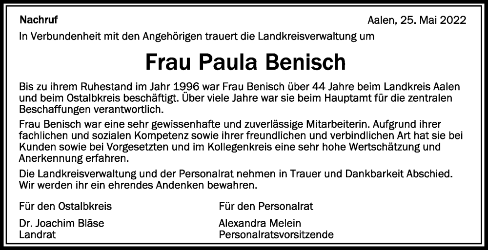  Traueranzeige für Paula Benisch vom 25.05.2022 aus Schwäbische Zeitung