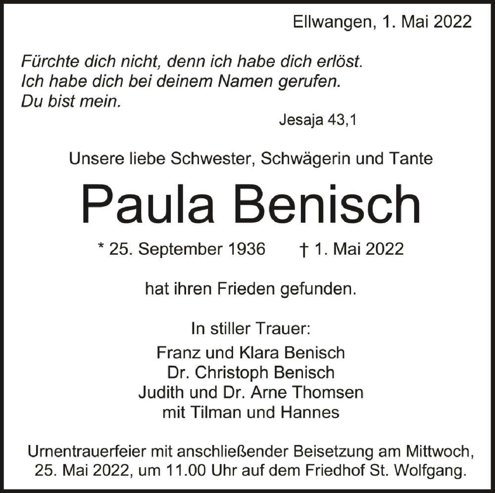  Traueranzeige für Paula Benisch vom 21.05.2022 aus Schwäbische Zeitung