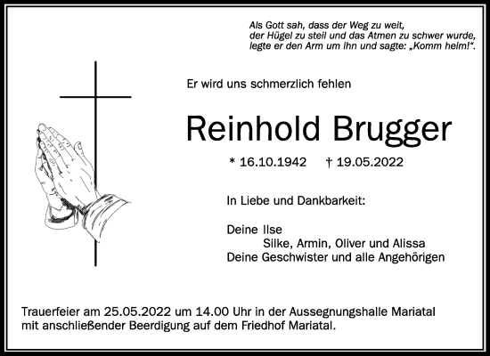 Anzeige von Reinhold Brugger von Schwäbische Zeitung