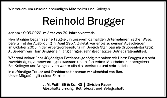 Anzeige von Reinhold Brugger von Schwäbische Zeitung
