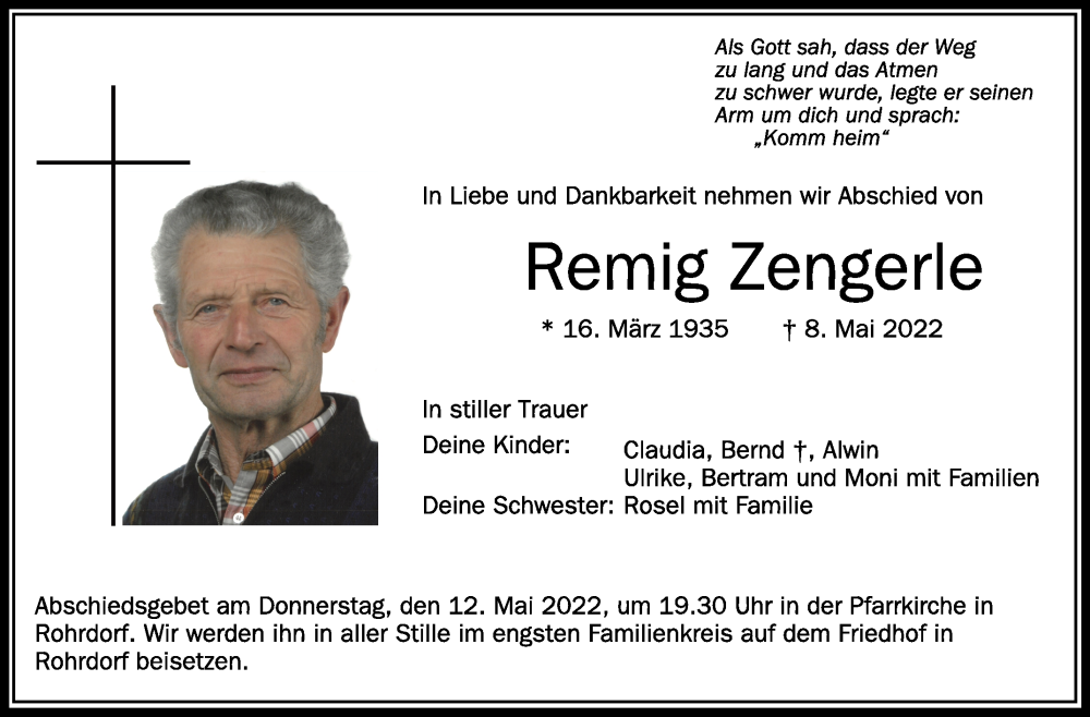  Traueranzeige für Remig Zengerle vom 11.05.2022 aus Schwäbische Zeitung