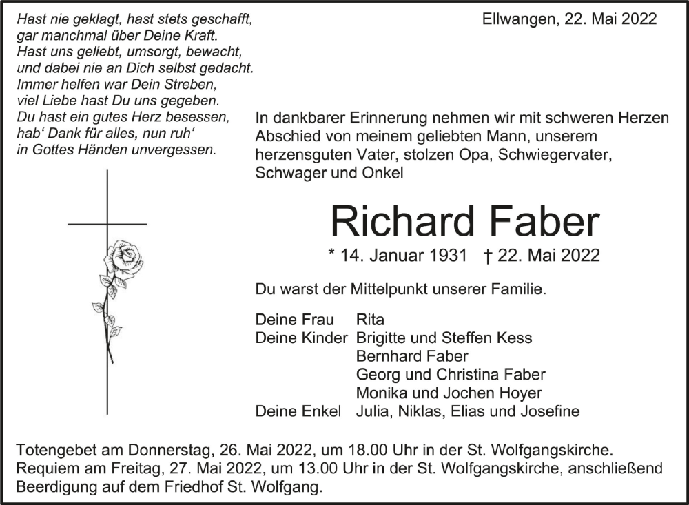  Traueranzeige für Richard Faber vom 24.05.2022 aus Schwäbische Zeitung