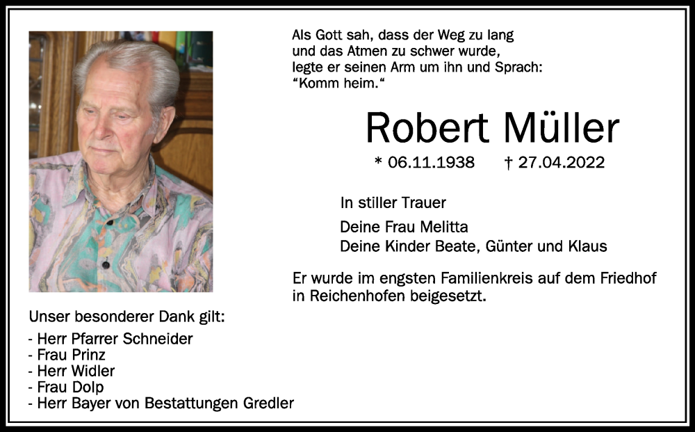  Traueranzeige für Robert Müller vom 14.05.2022 aus Schwäbische Zeitung