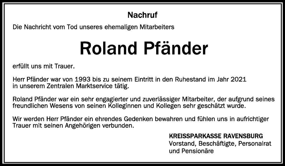  Traueranzeige für Roland Pfänder vom 04.05.2022 aus Schwäbische Zeitung