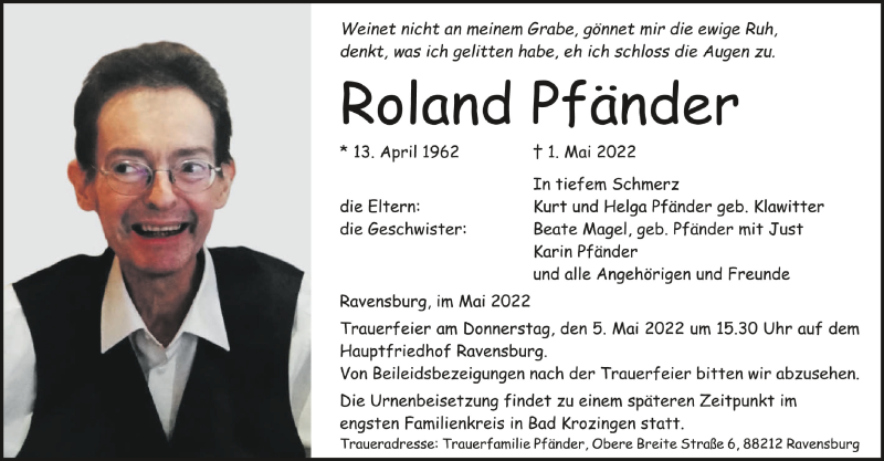  Traueranzeige für Roland Pfänder vom 03.05.2022 aus Schwäbische Zeitung