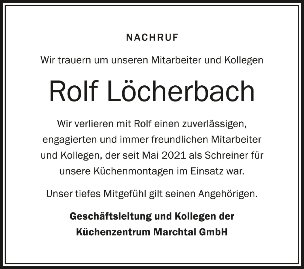  Traueranzeige für Rolf Löcherbach vom 12.05.2022 aus Schwäbische Zeitung