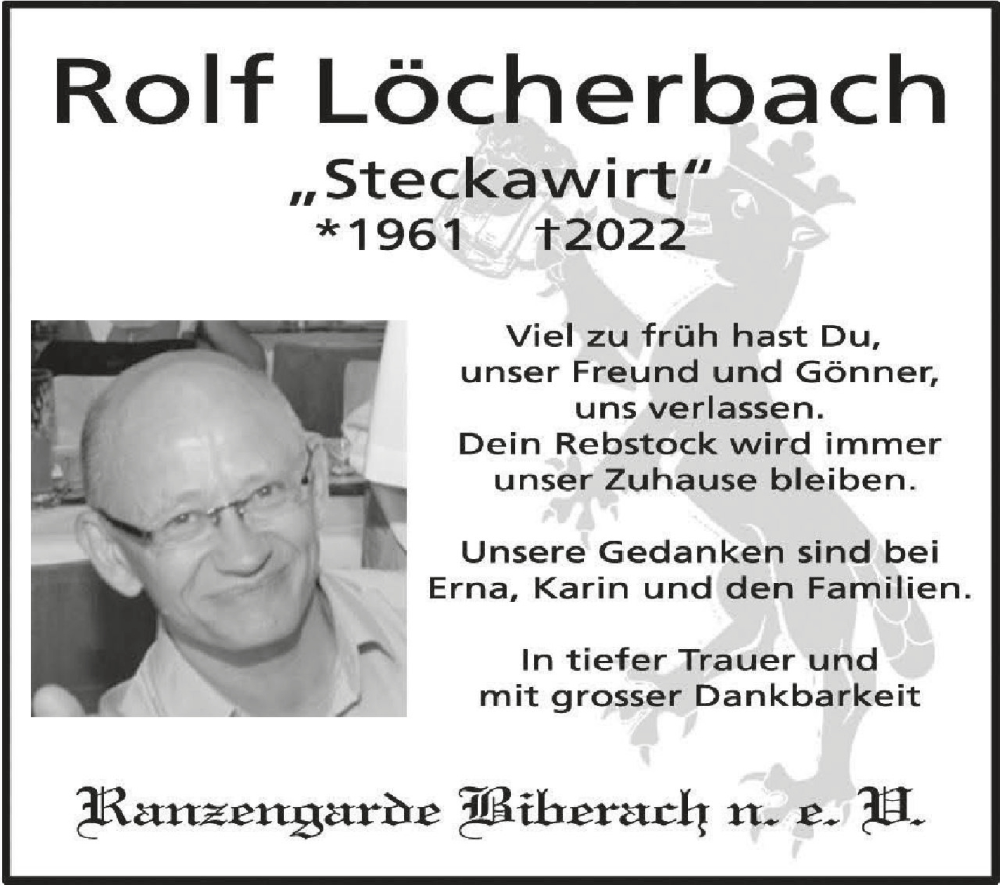  Traueranzeige für Rolf Löcherbach vom 21.05.2022 aus Schwäbische Zeitung