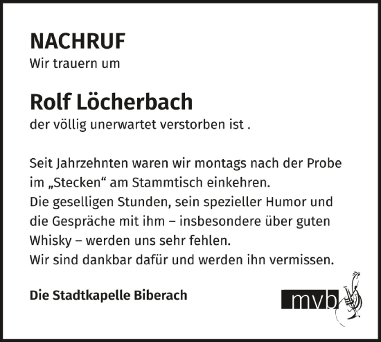 Anzeige von Rolf Löcherbach von Schwäbische Zeitung