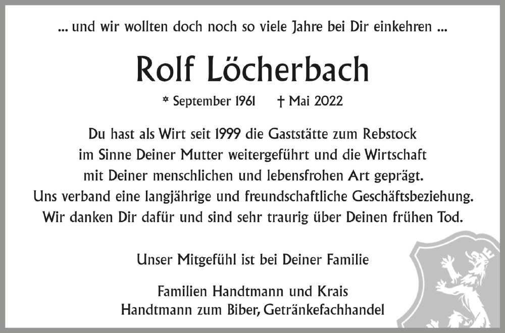  Traueranzeige für Rolf Löcherbach vom 18.05.2022 aus Schwäbische Zeitung