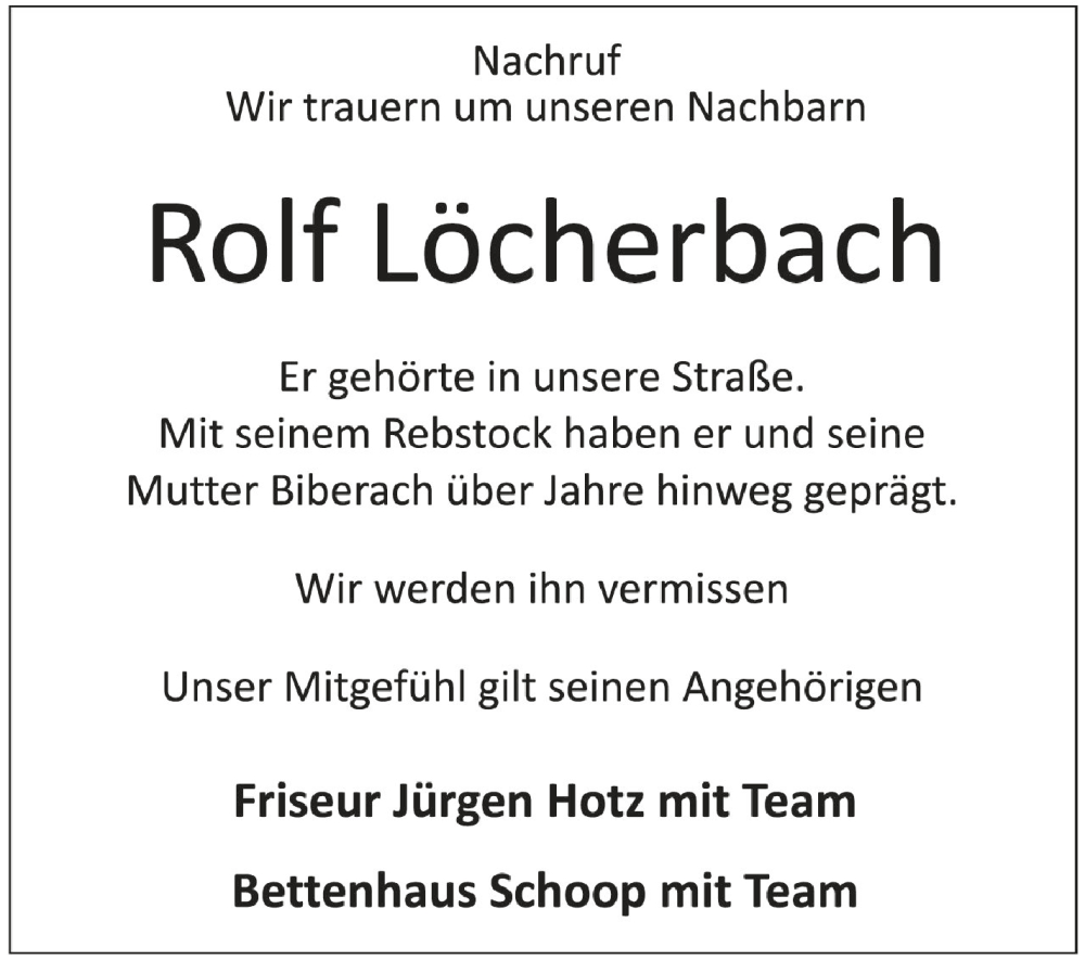  Traueranzeige für Rolf Löcherbach vom 25.05.2022 aus Schwäbische Zeitung