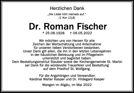 Anzeige von Roman Fischer von Schwäbische Zeitung