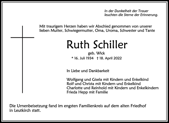 Anzeige von Ruth Schiller von Schwäbische Zeitung