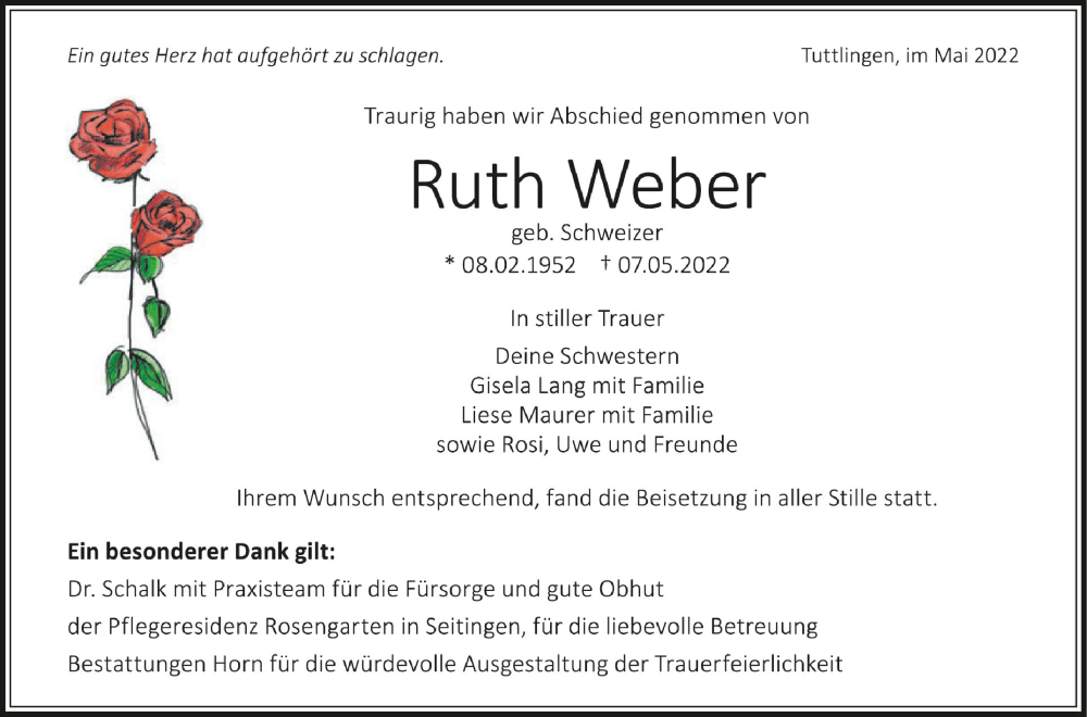  Traueranzeige für Ruth Weber vom 28.05.2022 aus Schwäbische Zeitung