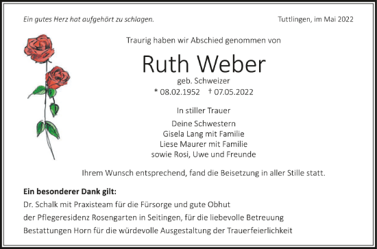 Anzeige von Ruth Weber von Schwäbische Zeitung