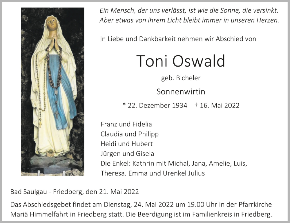  Traueranzeige für Toni Oswald vom 21.05.2022 aus Schwäbische Zeitung